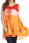 Sakkas Mariah Tie Dye Embroidered Sleeveless V-neck Relaxed Fit Tank / Blouse#color_ Red / Gold 