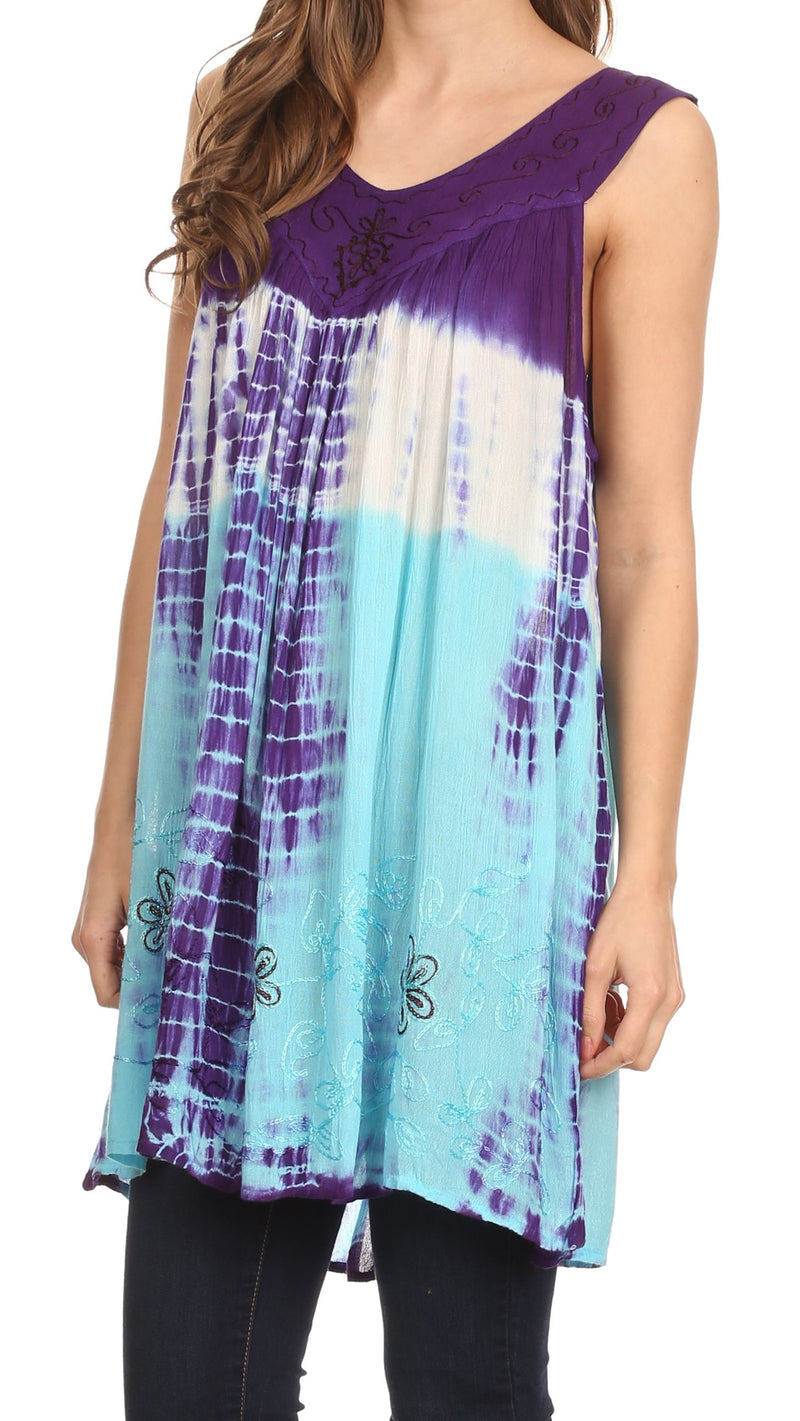 Sakkas Mariah Tie Dye Embroidered Sleeveless V-neck Relaxed Fit Tank / Blouse