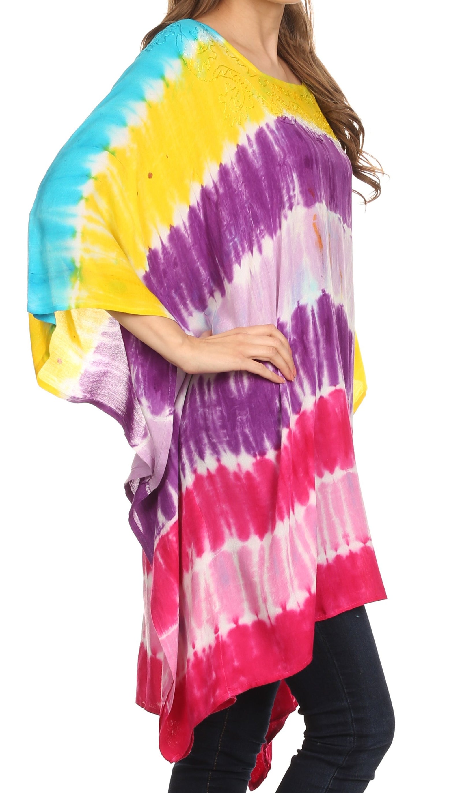 Handmade Tie Dye Kaftan Poncho - Plus Size Caftan Cover Up, Teal Blue Rayon Blouse For Beach