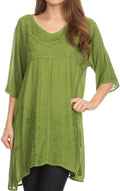 Sakkas Gaya Long Tall Embroidered V-Neck Blouse Top With Mid Length Sleeves #color_Green