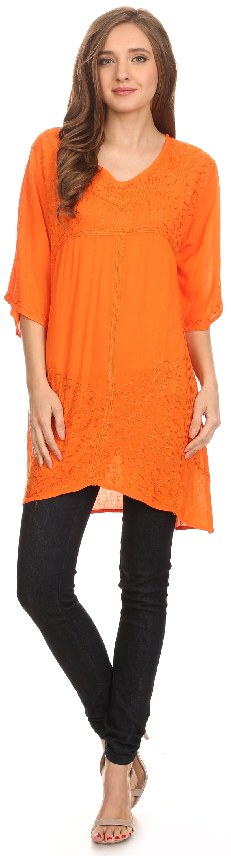 Sakkas Gaya Long Tall Embroidered V-Neck Blouse Top With Mid Length Sleeves