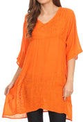 Sakkas Gaya Long Tall Embroidered V-Neck Blouse Top With Mid Length Sleeves #color_Orange