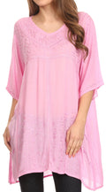 Sakkas Gaya Long Tall Embroidered V-Neck Blouse Top With Mid Length Sleeves #color_Pink