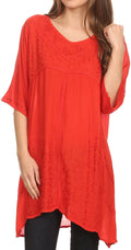 Sakkas Gaya Long Tall Embroidered V-Neck Blouse Top With Mid Length Sleeves #color_Red
