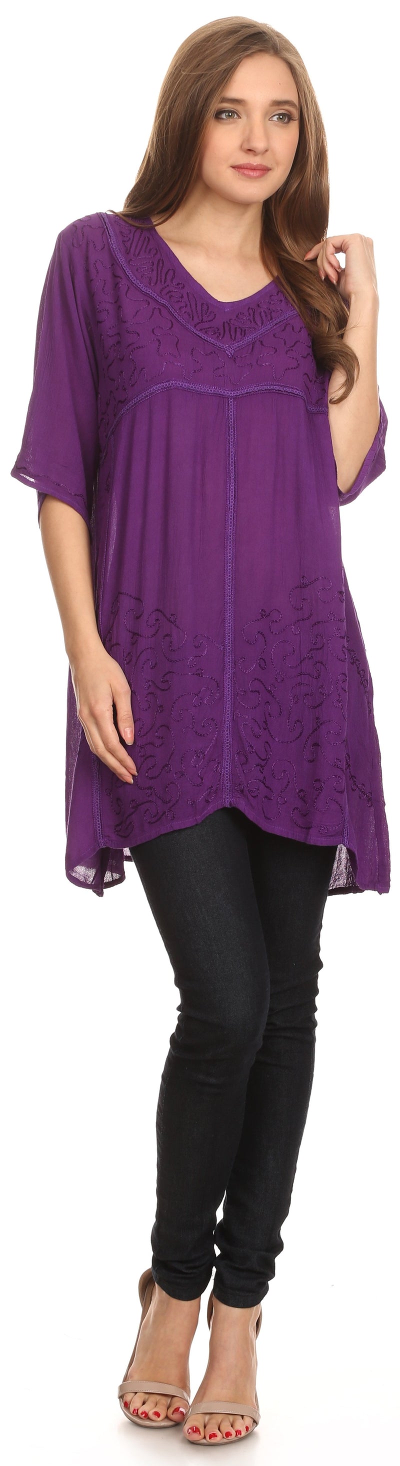 Sakkas Gaya Long Tall Embroidered V-Neck Blouse Top With Mid Length Sleeves