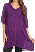 Sakkas Gaya Long Tall Embroidered V-Neck Blouse Top With Mid Length Sleeves #color_Violet