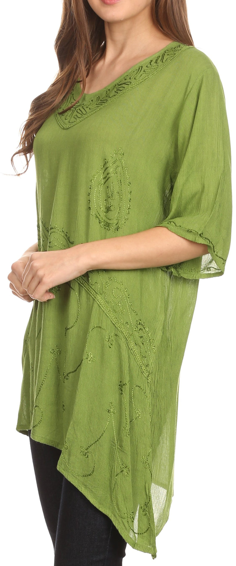 Sakkas Danta Lightweight Embroidered Asymmetrical Blouse With Mid Length Sleeve