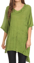 Sakkas Danta Lightweight Embroidered Asymmetrical Blouse With Mid Length Sleeve#color_Green