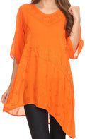 Sakkas Danta Lightweight Embroidered Asymmetrical Blouse With Mid Length Sleeve#color_Orange