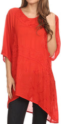 Sakkas Danta Lightweight Embroidered Asymmetrical Blouse With Mid Length Sleeve#color_Red