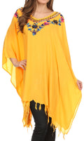 Sakkas  Ballary Embroidered Square Poncho Top Open Sleeves Cover Up With Fringe#color_Gold
