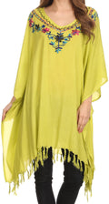 Sakkas  Ballary Embroidered Square Poncho Top Open Sleeves Cover Up With Fringe#color_Green