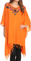 Sakkas  Ballary Embroidered Square Poncho Top Open Sleeves Cover Up With Fringe#color_Orange