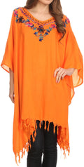 Sakkas  Ballary Embroidered Square Poncho Top Open Sleeves Cover Up With Fringe#color_Orange