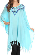 Sakkas  Ballary Embroidered Square Poncho Top Open Sleeves Cover Up With Fringe#color_Turquoise
