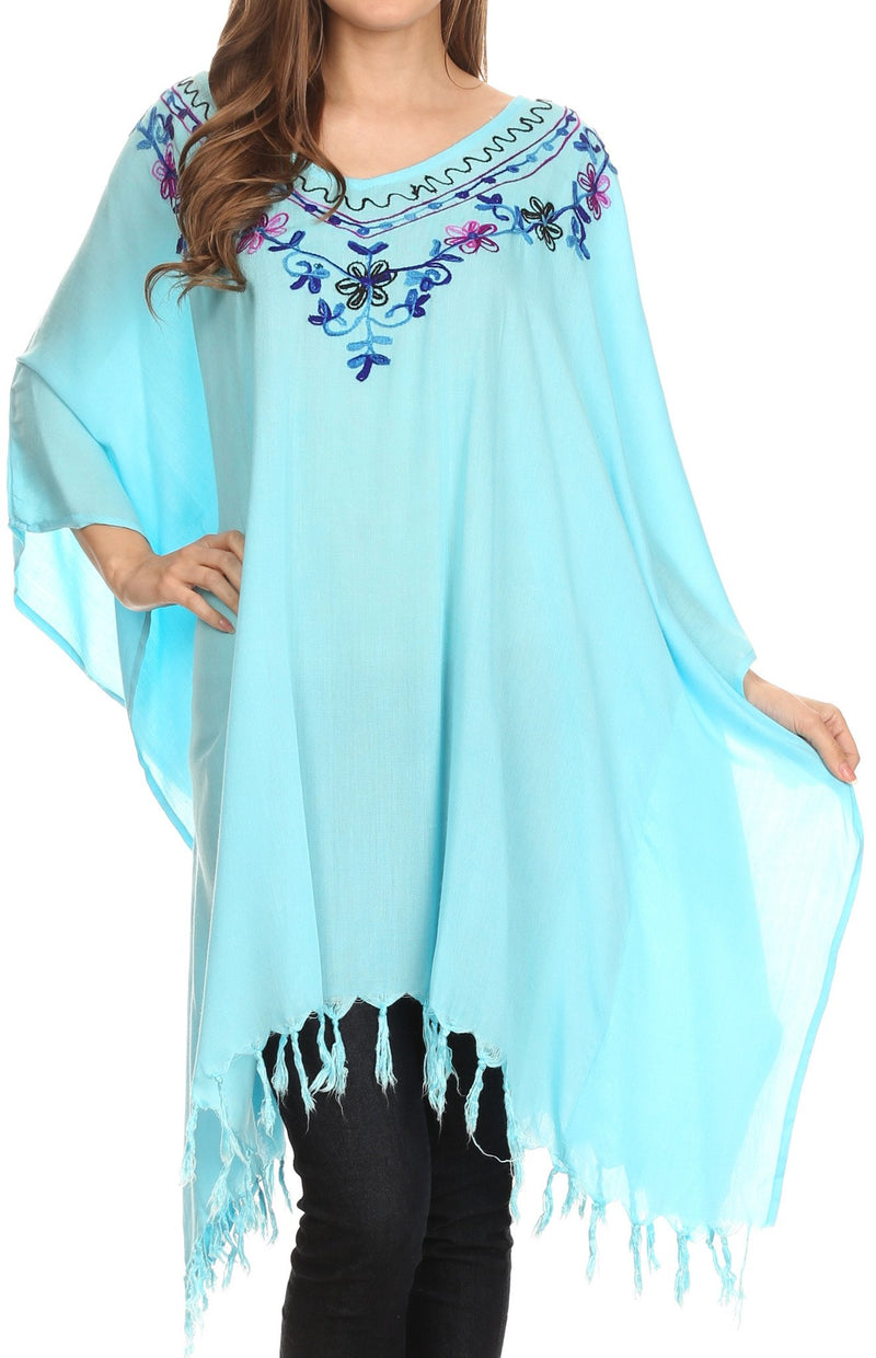 Sakkas  Ballary Embroidered Square Poncho Top Open Sleeves Cover Up With Fringe