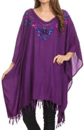 Sakkas  Ballary Embroidered Square Poncho Top Open Sleeves Cover Up With Fringe#color_Violet