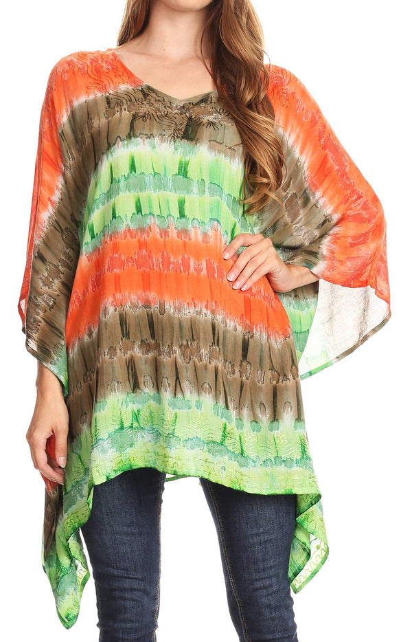 Sakkas Adalwin Desert Sun Lightweight Circle Ponch Tunic Top Blouse W / Embroidery#color_Coral/Brown
