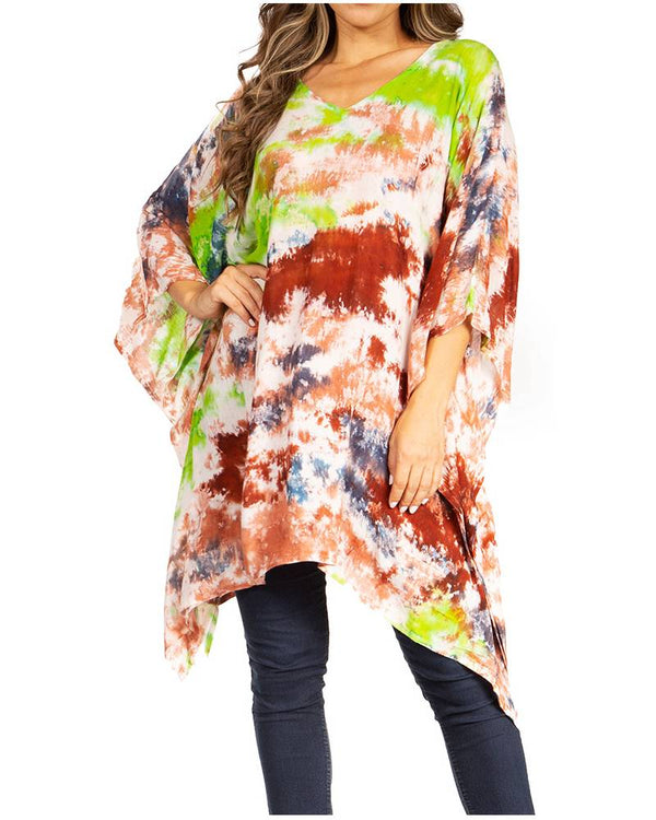Sakkas Adalwin Second TieDye Desert Sun Circle Ponch Tunic Top Blouse W/Embroidery#color_38-BluePink