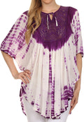 Sakkas Ragini Tie Dye  Lace Accent Delicate Embroidered Poncho Top / Cover Up#color_Plum