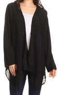Sakkas Isenia Cardigan Open Front Kimono Long Sleeve Embroidered Top Blouse Lace#color_Black