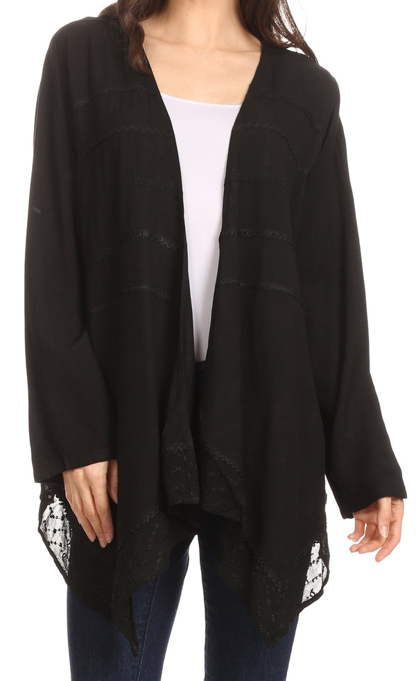 Sakkas Isenia Cardigan Open Front Kimono Long Sleeve Embroidered Top Blouse Lace#color_Black