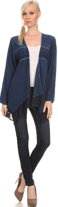 Sakkas Isenia Cardigan Open Front Kimono Long Sleeve Embroidered Top Blouse Lace#color_Blue