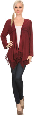 Sakkas Isenia Cardigan Open Front Kimono Long Sleeve Embroidered Top Blouse Lace#color_Burgundy
