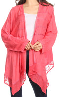Sakkas Isenia Cardigan Open Front Kimono Long Sleeve Embroidered Top Blouse Lace#color_Coral