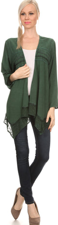 Sakkas Isenia Cardigan Open Front Kimono Long Sleeve Embroidered Top Blouse Lace#color_Green