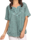 Sakkas Isabeli Leaf Embroidered Blouse Top Shirt With Cap Sleeves And Wide Neck #color_DarkTurquoise