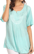 Sakkas Isabeli Leaf Embroidered Blouse Top Shirt With Cap Sleeves And Wide Neck #color_Turquoise