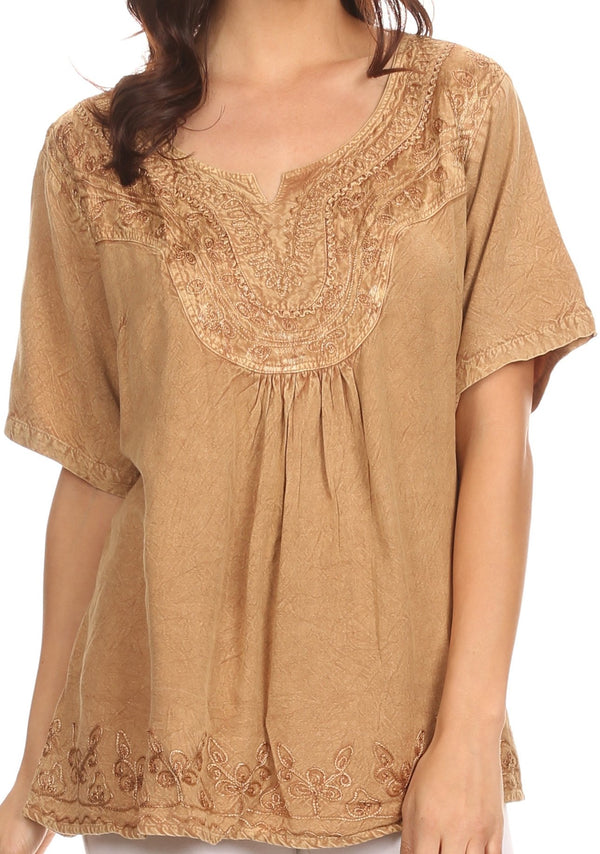 Sakkas Isabeli Leaf Embroidered Blouse Top Shirt With Cap Sleeves And Wide Neck #color_ Beige