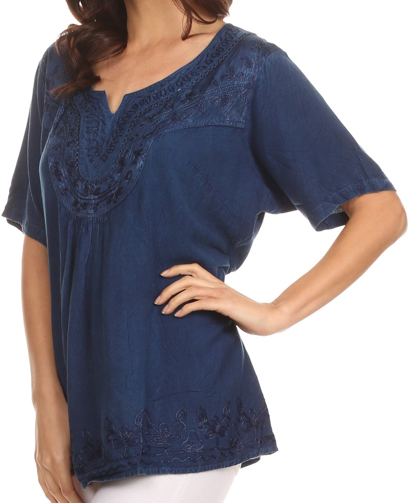 Sakkas Isabeli Leaf Embroidered Blouse Top Shirt With Cap Sleeves And Wide Neck