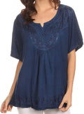 Sakkas Isabeli Leaf Embroidered Blouse Top Shirt With Cap Sleeves And Wide Neck #color_DenimBlue