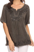 Sakkas Isabeli Leaf Embroidered Blouse Top Shirt With Cap Sleeves And Wide Neck #color_DarkGrey