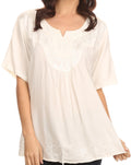 Sakkas Isabeli Leaf Embroidered Blouse Top Shirt With Cap Sleeves And Wide Neck #color_Ivory