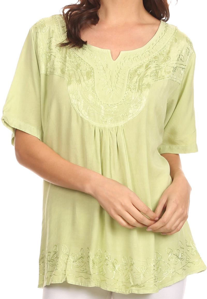 Sakkas Isabeli Leaf Embroidered Blouse Top Shirt With Cap Sleeves And Wide Neck