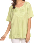 Sakkas Isabeli Leaf Embroidered Blouse Top Shirt With Cap Sleeves And Wide Neck #color_LightGreen