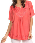Sakkas Isabeli Leaf Embroidered Blouse Top Shirt With Cap Sleeves And Wide Neck #color_Melon