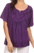 Sakkas Isabeli Leaf Embroidered Blouse Top Shirt With Cap Sleeves And Wide Neck #color_Purple