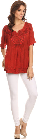 Sakkas Isabeli Leaf Embroidered Blouse Top Shirt With Cap Sleeves And Wide Neck