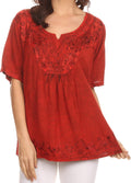 Sakkas Isabeli Leaf Embroidered Blouse Top Shirt With Cap Sleeves And Wide Neck #color_Red