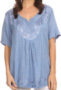 Sakkas Isabeli Leaf Embroidered Blouse Top Shirt With Cap Sleeves And Wide Neck #color_SkyBlue