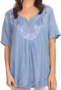 Sakkas Isabeli Leaf Embroidered Blouse Top Shirt With Cap Sleeves And Wide Neck #color_SkyBlue