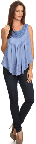 Sakkas Aubrey Delicate Draped Ruffled Embroidered Scooped Neck Sleeveless Blouse#color_Blue