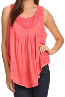 Sakkas Aubrey Delicate Draped Ruffled Embroidered Scooped Neck Sleeveless Blouse