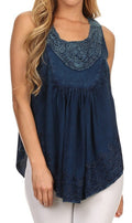 Sakkas Aubrey Delicate Draped Ruffled Embroidered Scooped Neck Sleeveless Blouse#color_Denim Blue