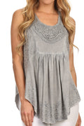 Sakkas Aubrey Delicate Draped Ruffled Embroidered Scooped Neck Sleeveless Blouse#color_Grey