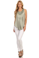 Sakkas Aubrey Delicate Draped Ruffled Embroidered Scooped Neck Sleeveless Blouse